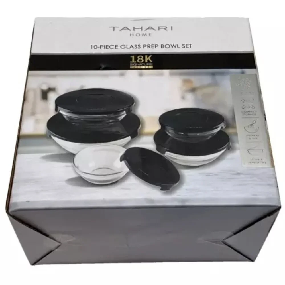 TAHARI Home Glass Nesting Prep Bowl‎ Set Stackable 10-Pc Kitchen Cooking Baking